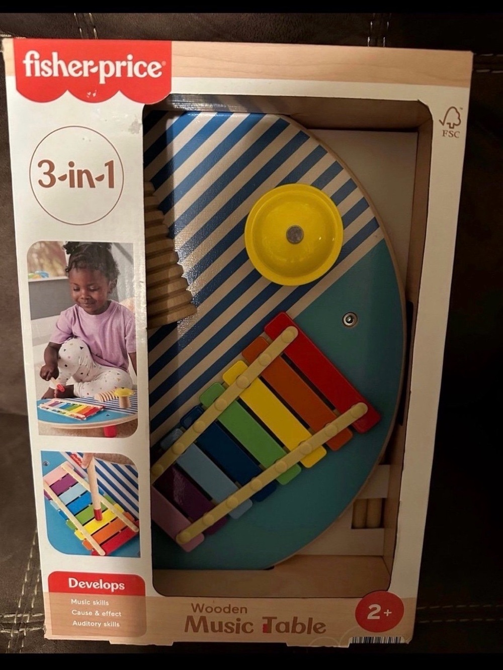 Fisher-Price Blue Wooden Music Table with Rainbow Xylophone and Yellow Cymbal